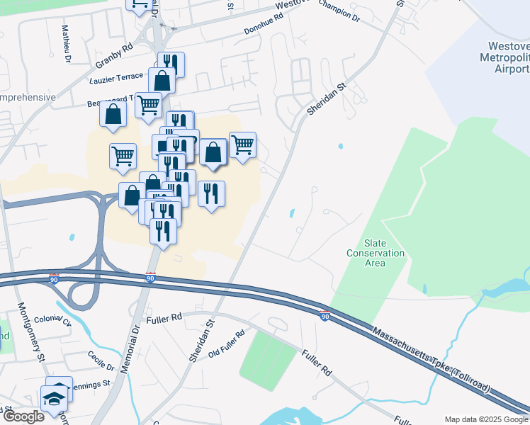 map of restaurants, bars, coffee shops, grocery stores, and more near 445-499 Sheridan St in Chicopee