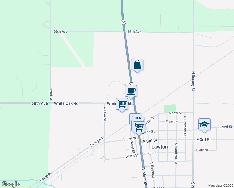 map of restaurants, bars, coffee shops, grocery stores, and more near 124 West 1st Street in Lawton