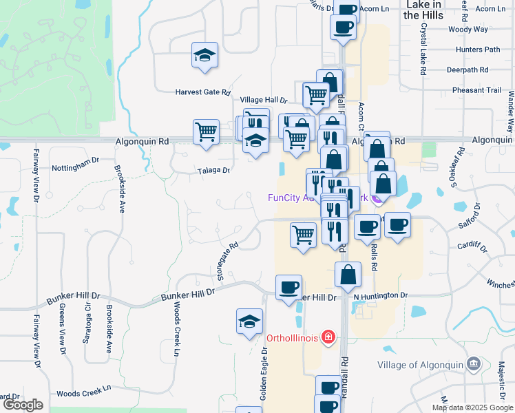 map of restaurants, bars, coffee shops, grocery stores, and more near 301 Katrina Lane in Algonquin