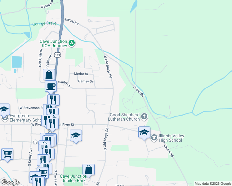 map of restaurants, bars, coffee shops, grocery stores, and more near 861 North Old Stage Road in Cave Junction