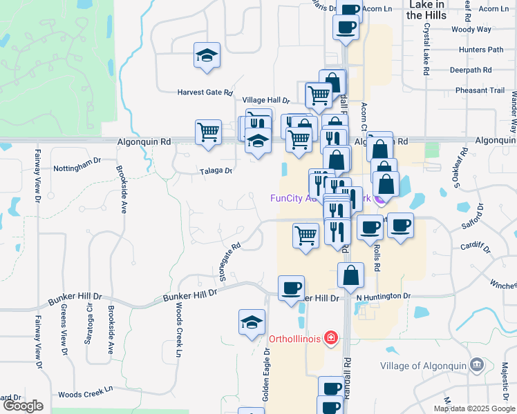 map of restaurants, bars, coffee shops, grocery stores, and more near 301 Katrina Lane in Algonquin