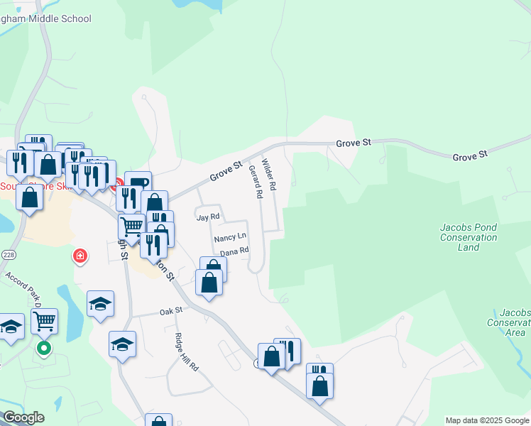 map of restaurants, bars, coffee shops, grocery stores, and more near 51 Gerard Road in Norwell