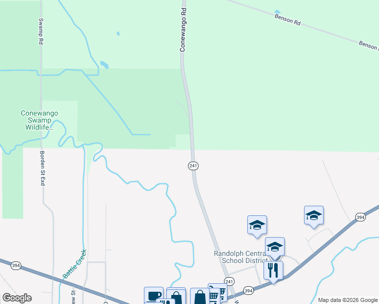 map of restaurants, bars, coffee shops, grocery stores, and more near 4001 Conewango Road in Randolph