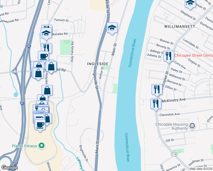 map of restaurants, bars, coffee shops, grocery stores, and more near 1106 Main Street in Holyoke
