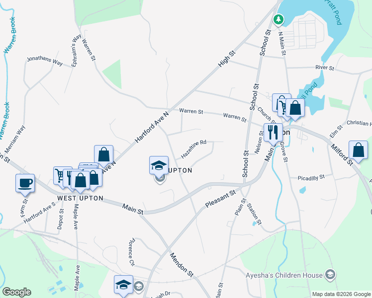 map of restaurants, bars, coffee shops, grocery stores, and more near 2 Hazeltine Road in Upton