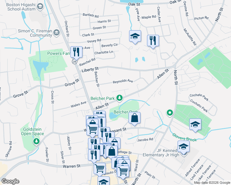 map of restaurants, bars, coffee shops, grocery stores, and more near 19 Robert Arey Drive in Randolph