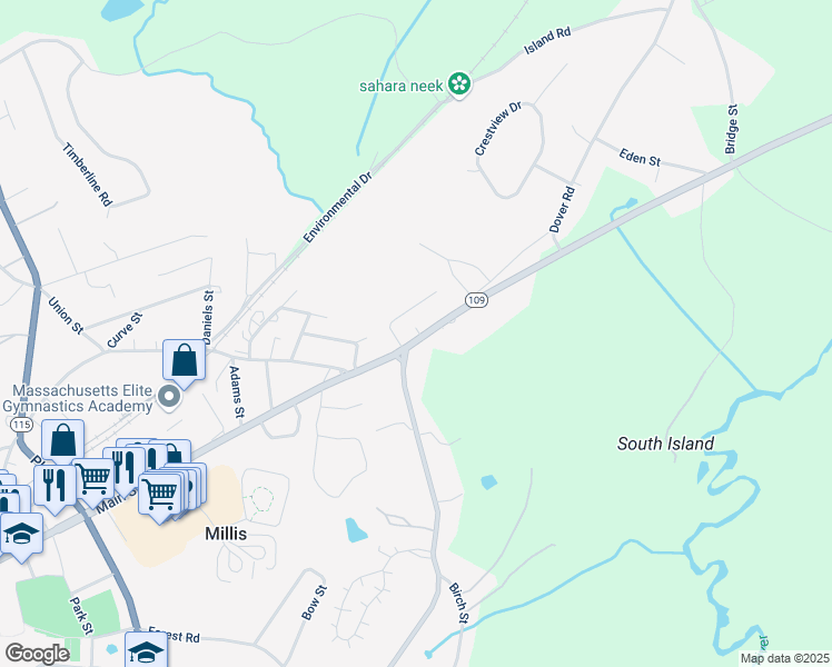 map of restaurants, bars, coffee shops, grocery stores, and more near 513 Massachusetts 109 in Millis