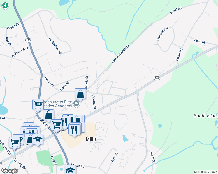 map of restaurants, bars, coffee shops, grocery stores, and more near 24 Winter Street in Millis