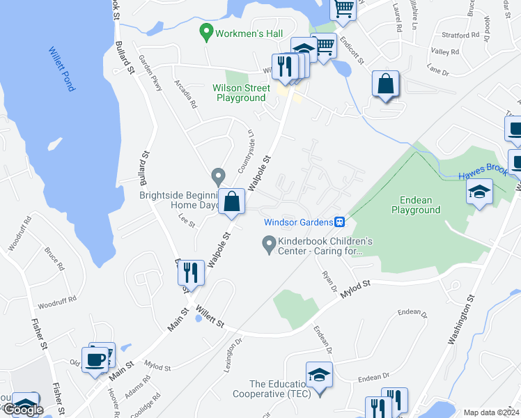 map of restaurants, bars, coffee shops, grocery stores, and more near Coventry Lane in Norwood