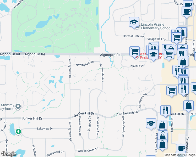 map of restaurants, bars, coffee shops, grocery stores, and more near 3 Springbrook Lane in Algonquin