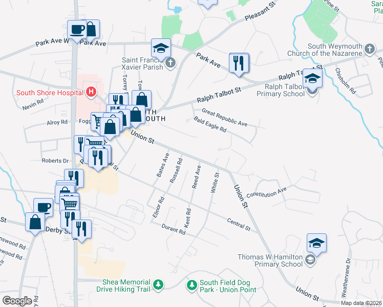 map of restaurants, bars, coffee shops, grocery stores, and more near 112 Union Street in Weymouth