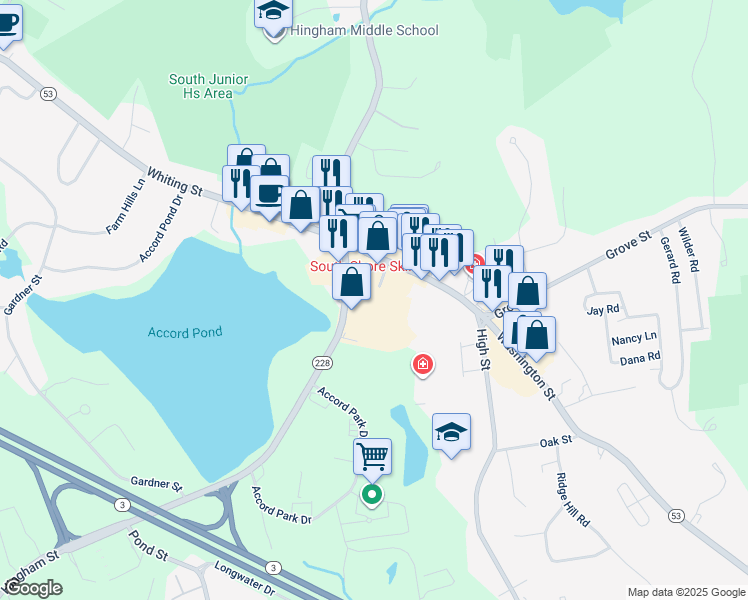 map of restaurants, bars, coffee shops, grocery stores, and more near 10 Washington Street in Norwell