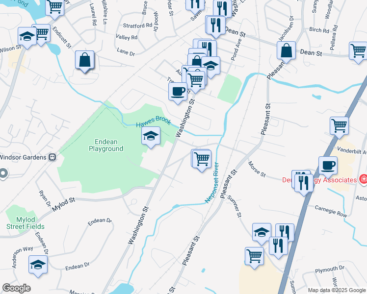 map of restaurants, bars, coffee shops, grocery stores, and more near 15 Short Street in Norwood