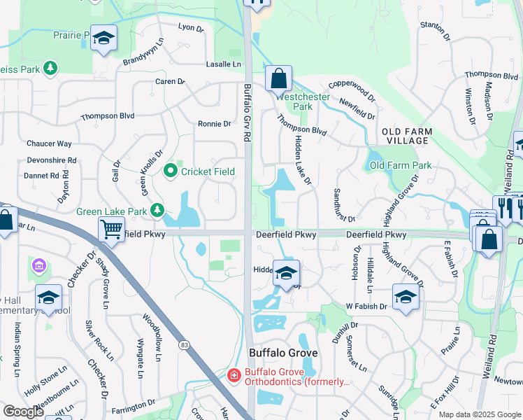 map of restaurants, bars, coffee shops, grocery stores, and more near 259 Kendall Court in Buffalo Grove