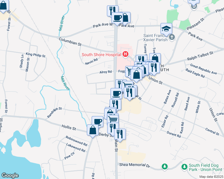 map of restaurants, bars, coffee shops, grocery stores, and more near 7 Roberts Drive in Weymouth
