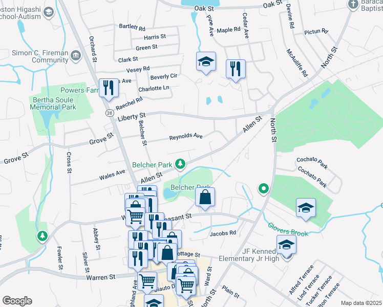 map of restaurants, bars, coffee shops, grocery stores, and more near 120 Allen Street in Randolph