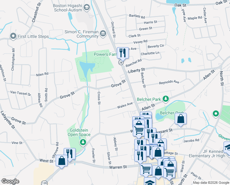 map of restaurants, bars, coffee shops, grocery stores, and more near 4 Grove Square in Randolph