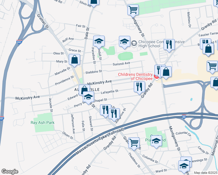 map of restaurants, bars, coffee shops, grocery stores, and more near 32 York Street in Chicopee