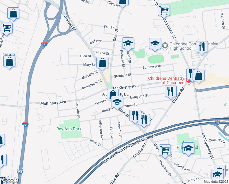 map of restaurants, bars, coffee shops, grocery stores, and more near in Chicopee