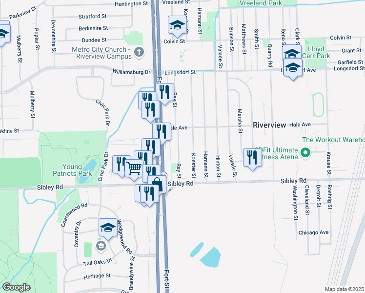 map of restaurants, bars, coffee shops, grocery stores, and more near 18621 Ray Street in Riverview