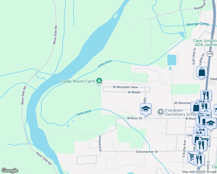 map of restaurants, bars, coffee shops, grocery stores, and more near West Maple in Cave Junction