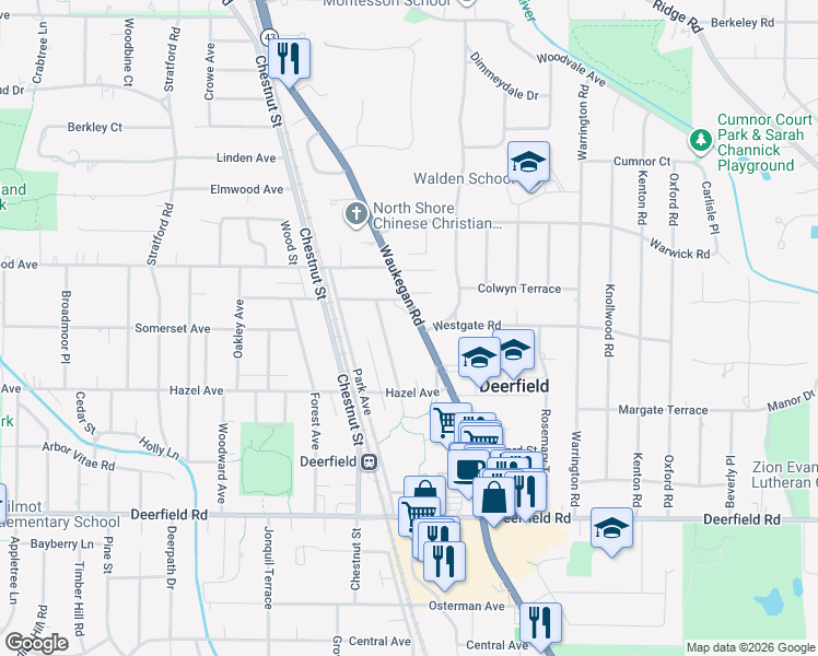 map of restaurants, bars, coffee shops, grocery stores, and more near 1061 Springfield Avenue in Deerfield