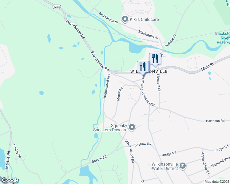 map of restaurants, bars, coffee shops, grocery stores, and more near 24 Merrill Road in Sutton