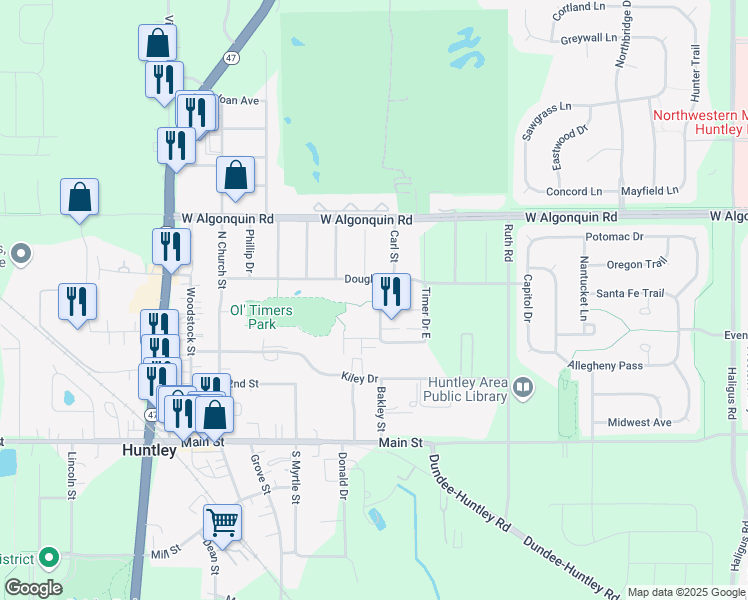 map of restaurants, bars, coffee shops, grocery stores, and more near 10803 Timer Drive West in Huntley