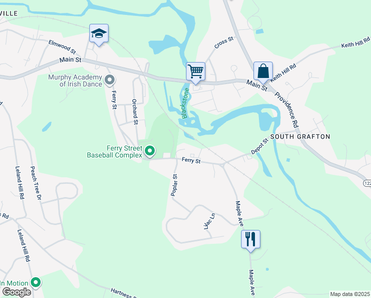 map of restaurants, bars, coffee shops, grocery stores, and more near 127 Ferry Street in Grafton