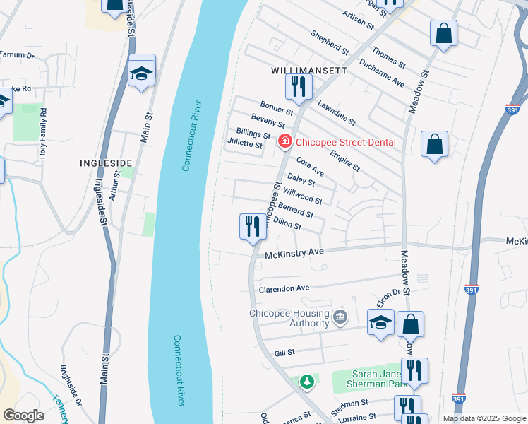 map of restaurants, bars, coffee shops, grocery stores, and more near 21 Dillon Street in Chicopee