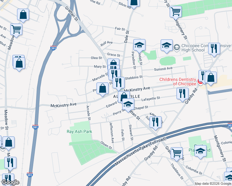 map of restaurants, bars, coffee shops, grocery stores, and more near 665 McKinstry Avenue in Chicopee