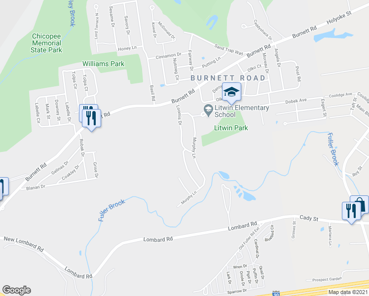 map of restaurants, bars, coffee shops, grocery stores, and more near 63 Loomis Drive in Chicopee