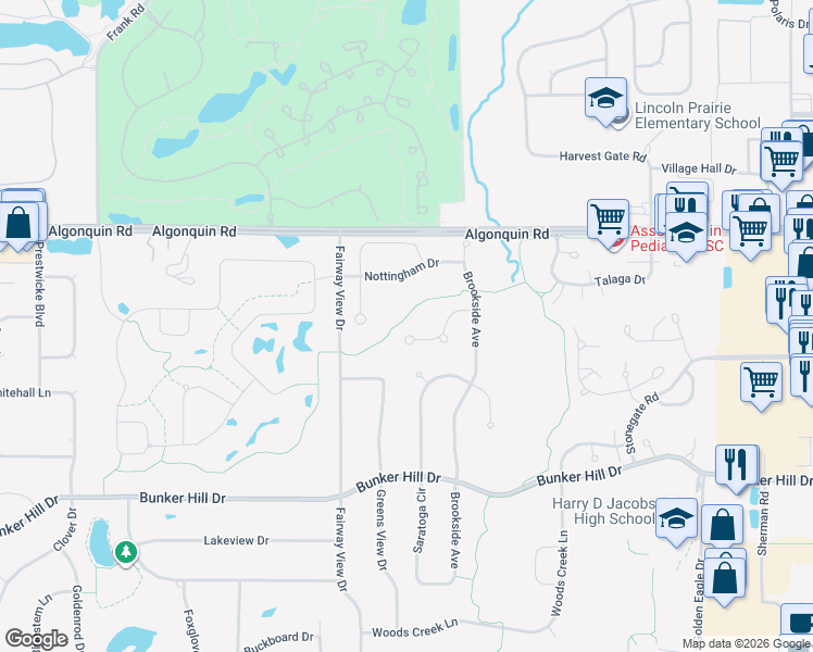map of restaurants, bars, coffee shops, grocery stores, and more near 16 Springbrook Lane in Algonquin