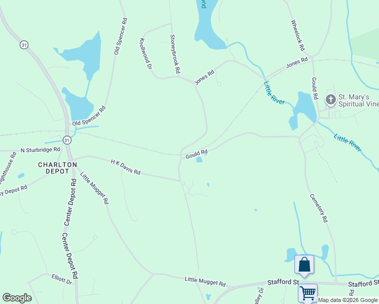 map of restaurants, bars, coffee shops, grocery stores, and more near 6 Gould Road in Charlton