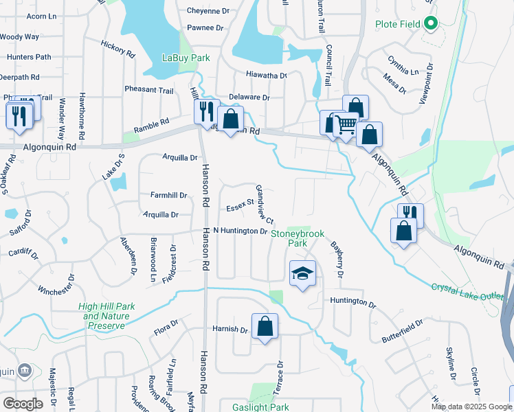 map of restaurants, bars, coffee shops, grocery stores, and more near 218 Grandview Court in Algonquin