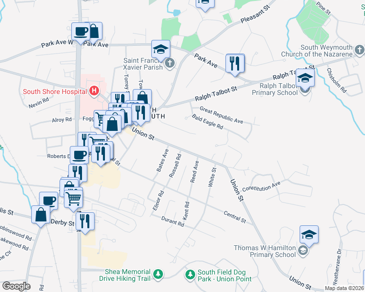 map of restaurants, bars, coffee shops, grocery stores, and more near 112 Union Street in Weymouth