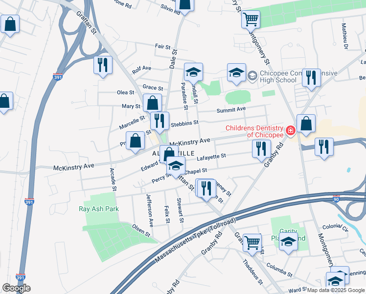 map of restaurants, bars, coffee shops, grocery stores, and more near 741 McKinstry Avenue in Chicopee