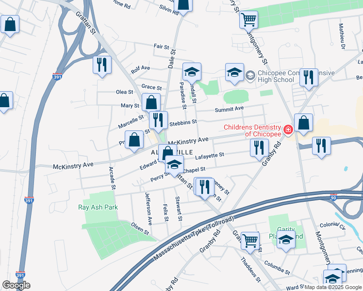 map of restaurants, bars, coffee shops, grocery stores, and more near 741 McKinstry Avenue in Chicopee
