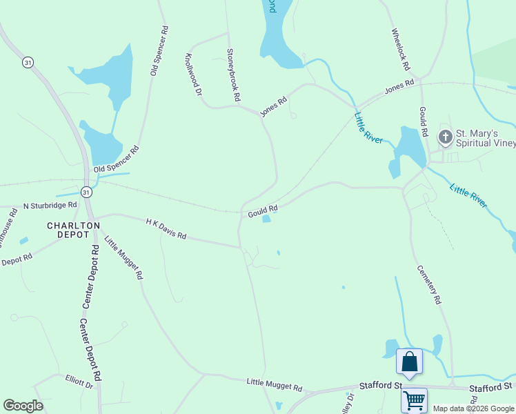 map of restaurants, bars, coffee shops, grocery stores, and more near 6 Gould Road in Charlton