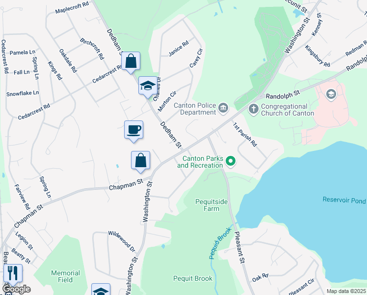 map of restaurants, bars, coffee shops, grocery stores, and more near 1395 Washington Street in Canton