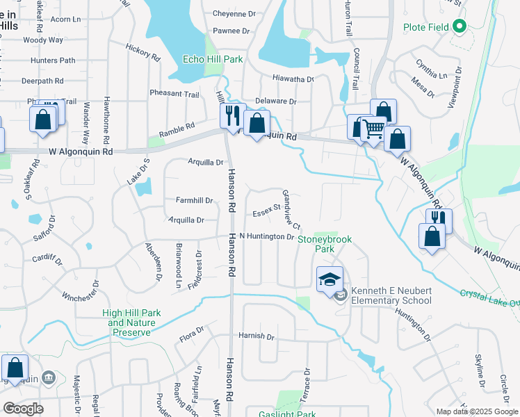 map of restaurants, bars, coffee shops, grocery stores, and more near 1404 Essex Street in Algonquin