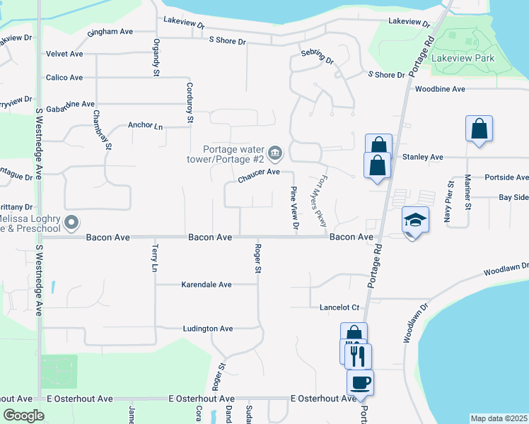 map of restaurants, bars, coffee shops, grocery stores, and more near 1570 Drayton Court in Portage