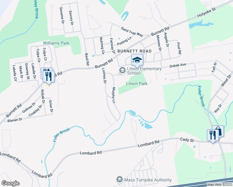 map of restaurants, bars, coffee shops, grocery stores, and more near 119 Murphy Lane in Chicopee
