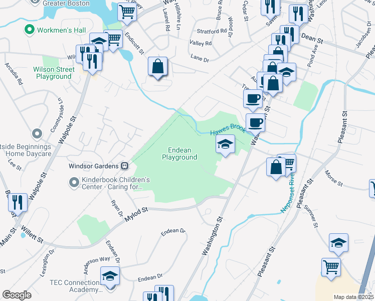 map of restaurants, bars, coffee shops, grocery stores, and more near 1315 Washington Street in Norwood