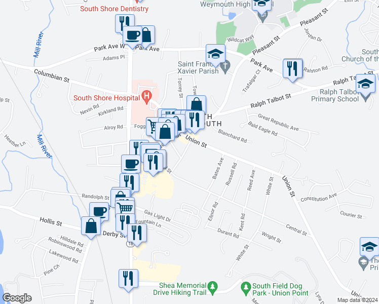 map of restaurants, bars, coffee shops, grocery stores, and more near 20 Camelot Way in Weymouth
