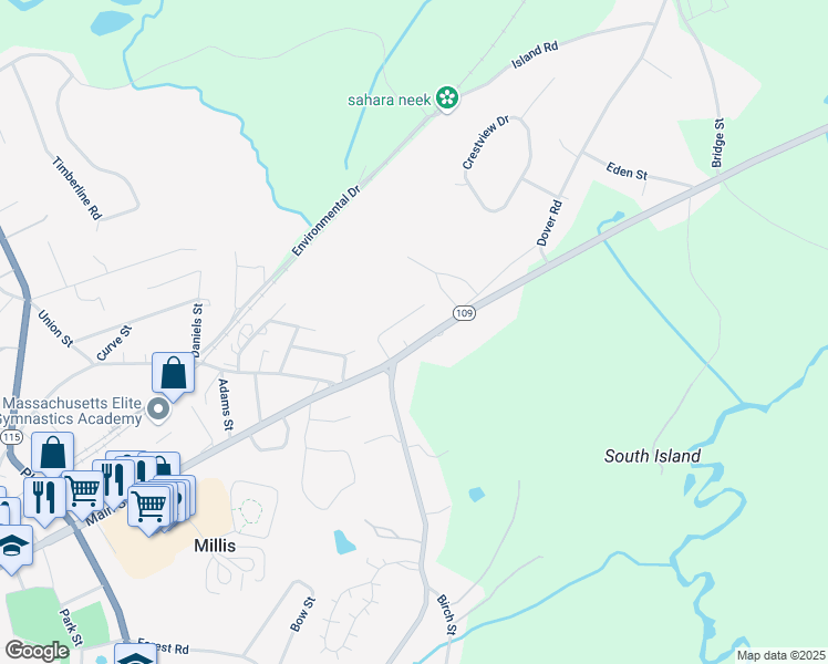 map of restaurants, bars, coffee shops, grocery stores, and more near 513 Massachusetts 109 in Millis