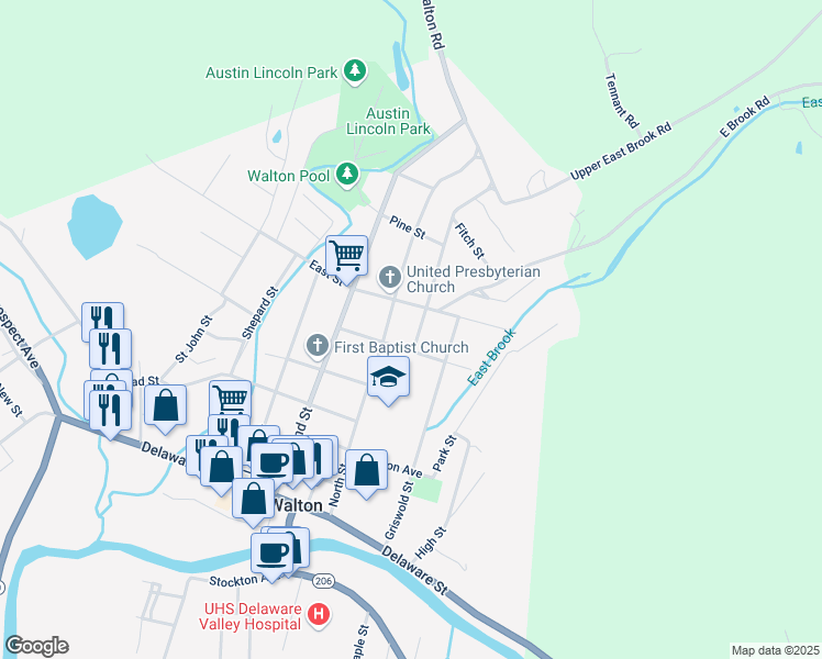 map of restaurants, bars, coffee shops, grocery stores, and more near 32 Union Street in Walton
