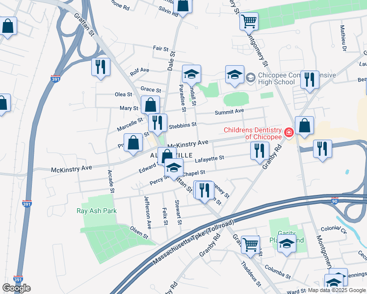 map of restaurants, bars, coffee shops, grocery stores, and more near 741 McKinstry Avenue in Chicopee