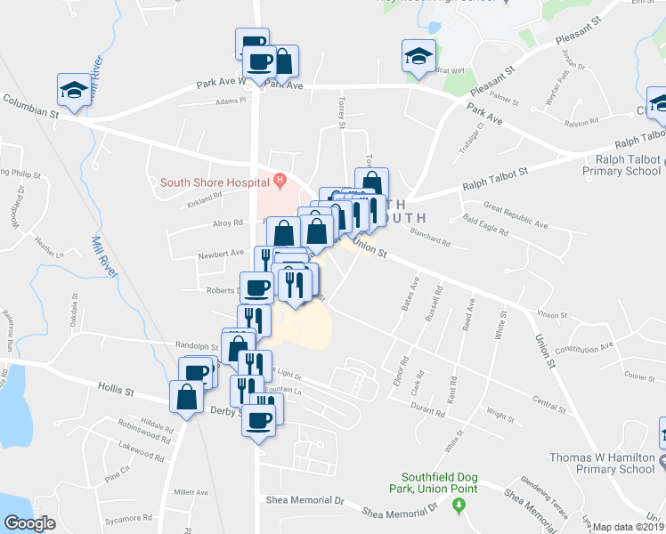 map of restaurants, bars, coffee shops, grocery stores, and more near 21 Chauncy Street in Weymouth