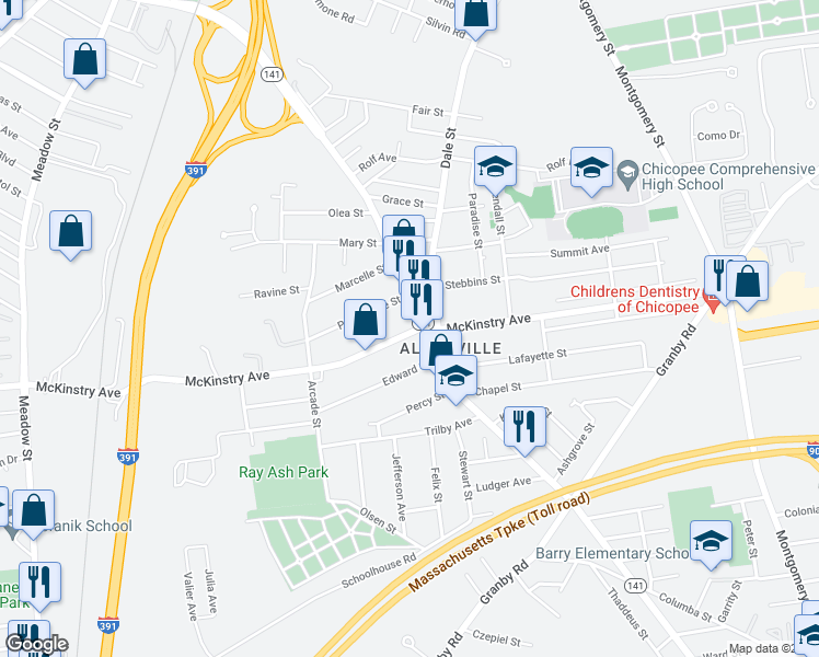 map of restaurants, bars, coffee shops, grocery stores, and more near 670 McKinstry Avenue in Chicopee